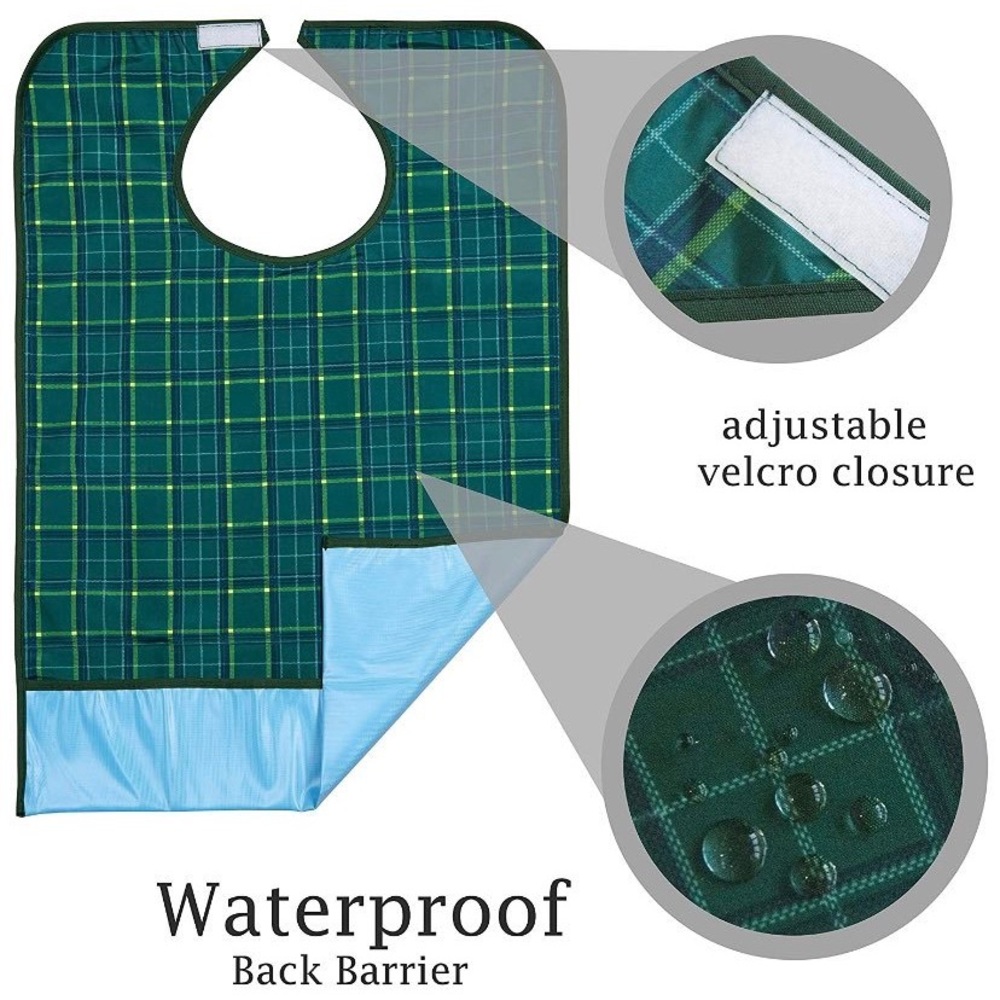 3 Waterproof Adult Bib, Adjustable Velcro, Reusable, Plaid, Green Blue Red